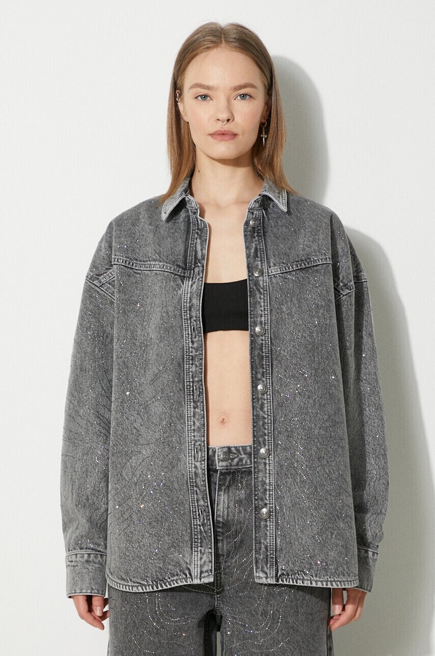 Rifľová košeľa Rotate Rhinestone Denim Shirt dámska, šedá farba, voľný strih, s klasickým golierom, 113014D06