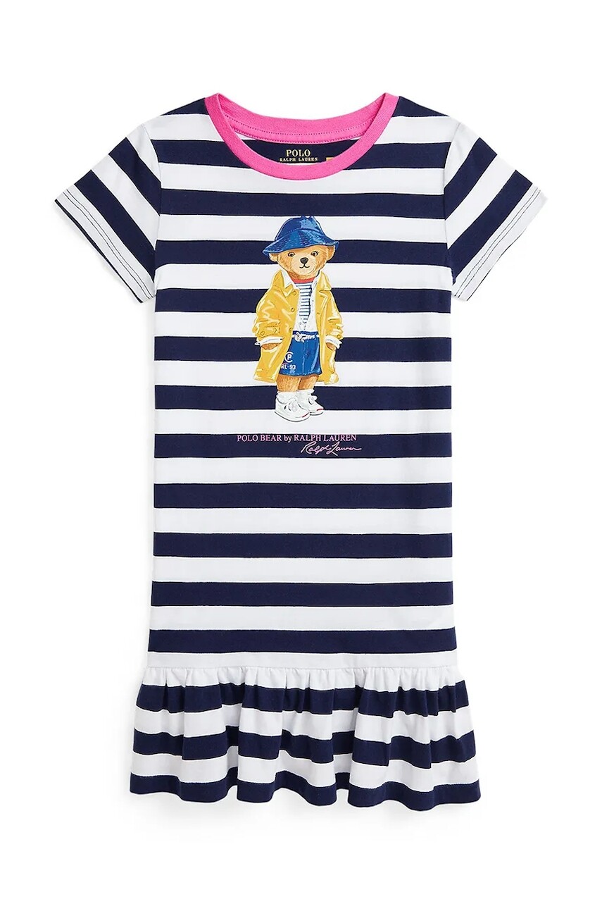 Dievčenské bavlnené šaty Polo Ralph Lauren tmavomodrá farba, midi, áčkový strih, 312957382001