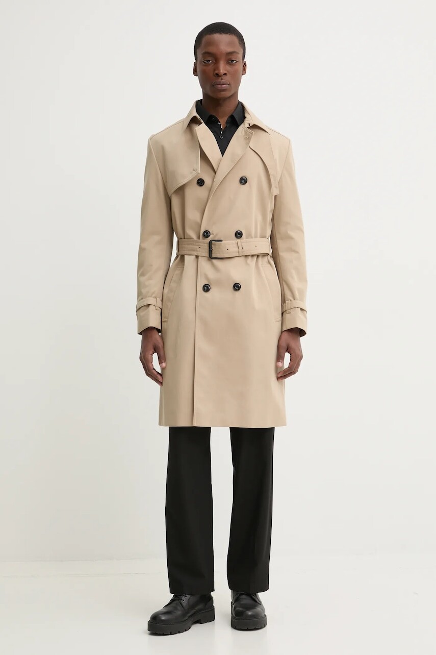 Trenčkot HUGO pánsky, béžová farba, prechodný, dvojradový, 50535072