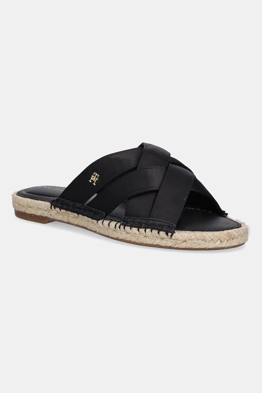 Šľapky Tommy Hilfiger SATIN ESPADRILLE MULE dámske, čierna farba, FW0FW08502