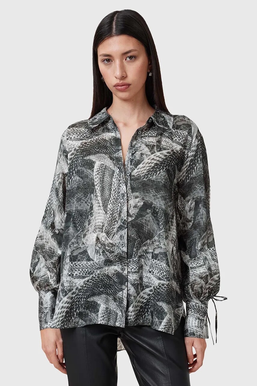 Košeľa s prímesou hodvábu AllSaints LEYLA dámska, šedá farba, voľný strih, s klasickým golierom, W042PC