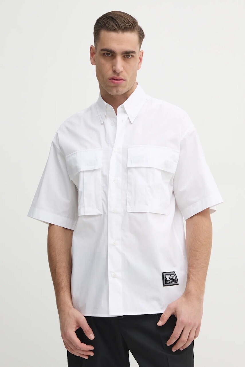 Bavlnená košeľa Versace Jeans Couture pánska, biela farba, voľný strih, s golierom button-down, 78GAL223 N0132