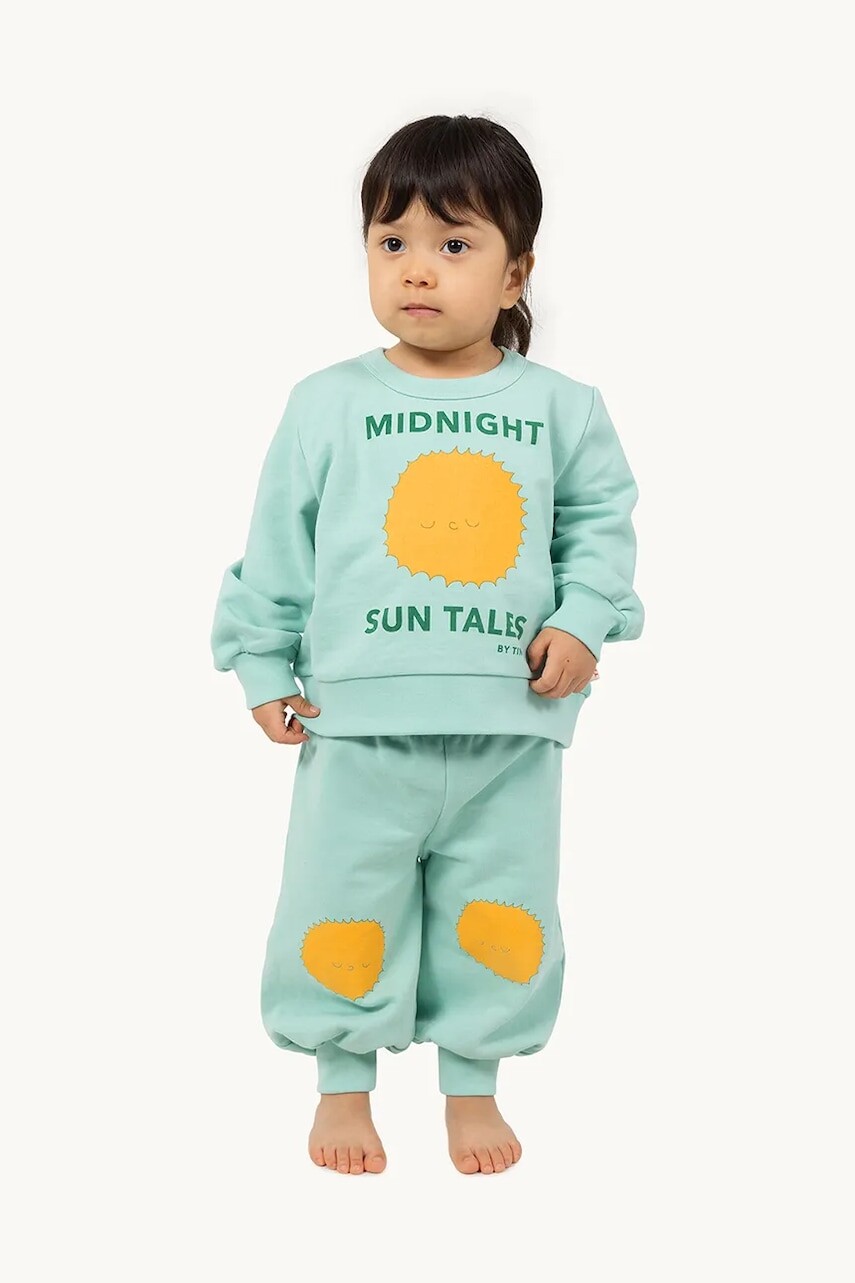 Detské bavlnené tepláky Tinycottons SUN TALES GRAPHIC BABY SWEATPANT zelená farba, s potlačou, SS25-106