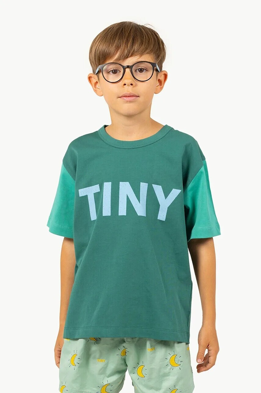 Detské bavlnené tričko Tinycottons COLOR BLOCK TEE zelená farba, s potlačou, SS25-159