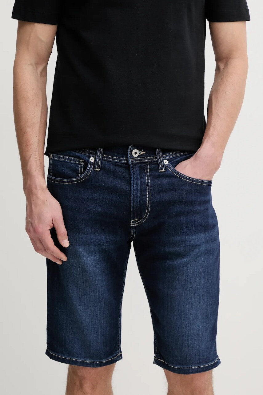 Rifľové krátke nohavice Pepe Jeans SLIM GYMDIGO SHORT TRACK pánske, tmavomodrá farba, PM801075EE4