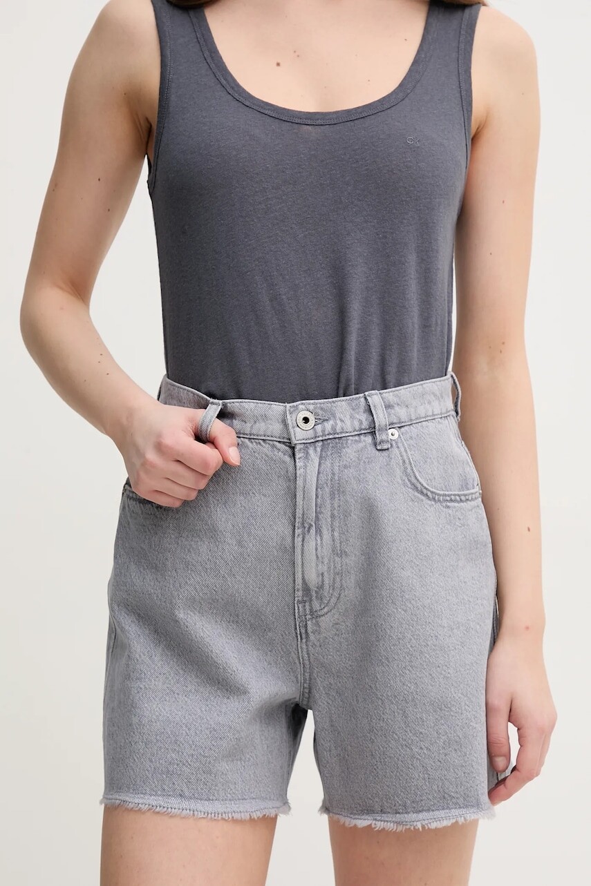 Rifľové krátke nohavice Pepe Jeans A-LINE SHORT UHW RACHEL dámske, šedá farba, jednofarebné, vysoký pás, PL801112UN7