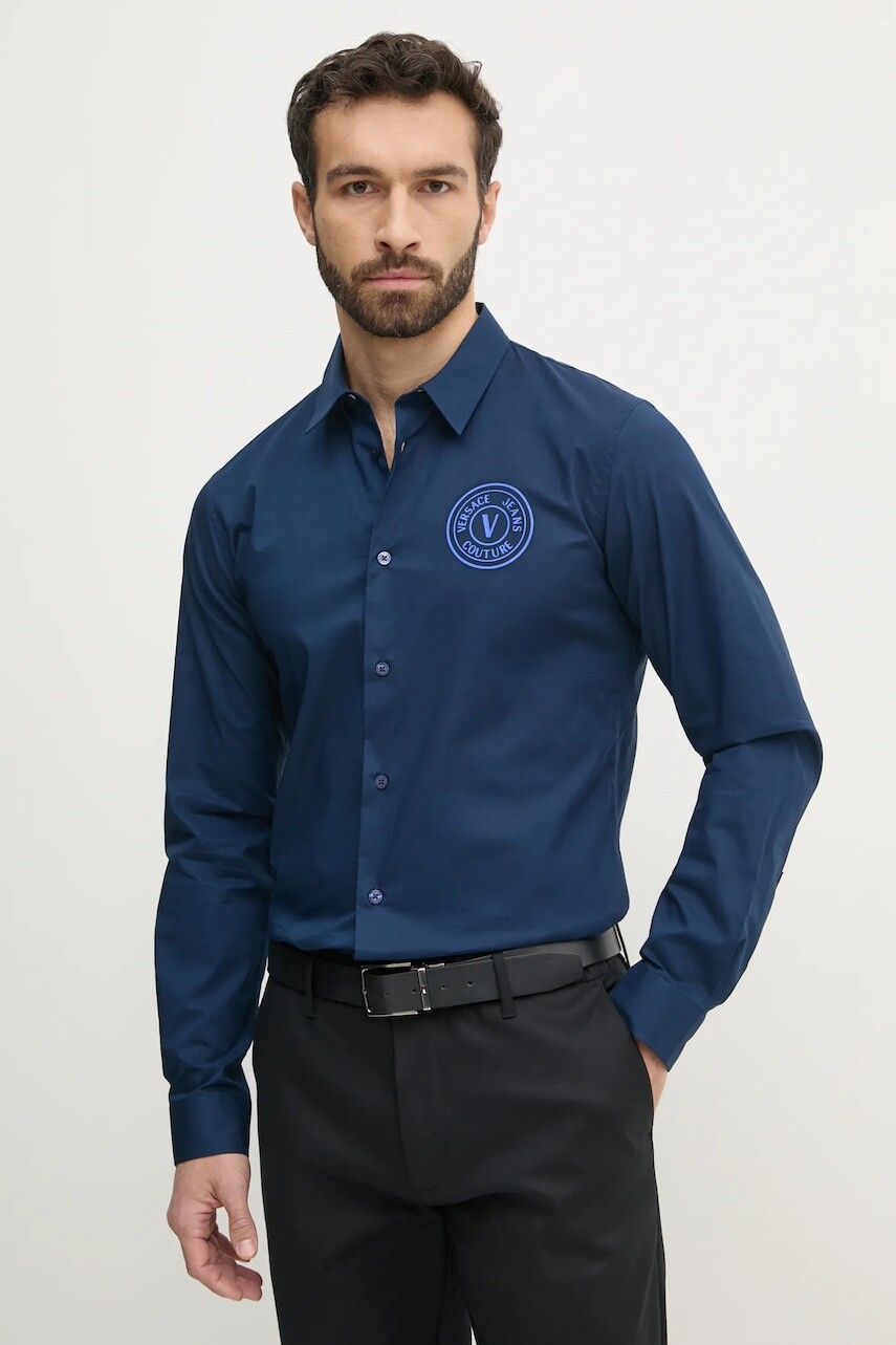 Bavlnená košeľa Versace Jeans Couture pánska, tmavomodrá farba, slim, s klasickým golierom, 78GALYS1 CN002