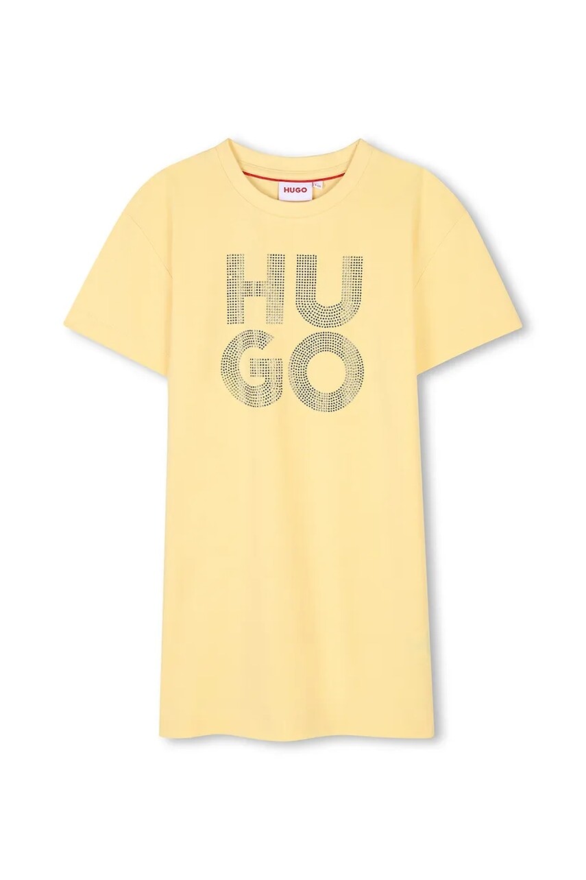 Dievčenské bavlnené šaty HUGO žltá farba, mini, rovný strih, G00410