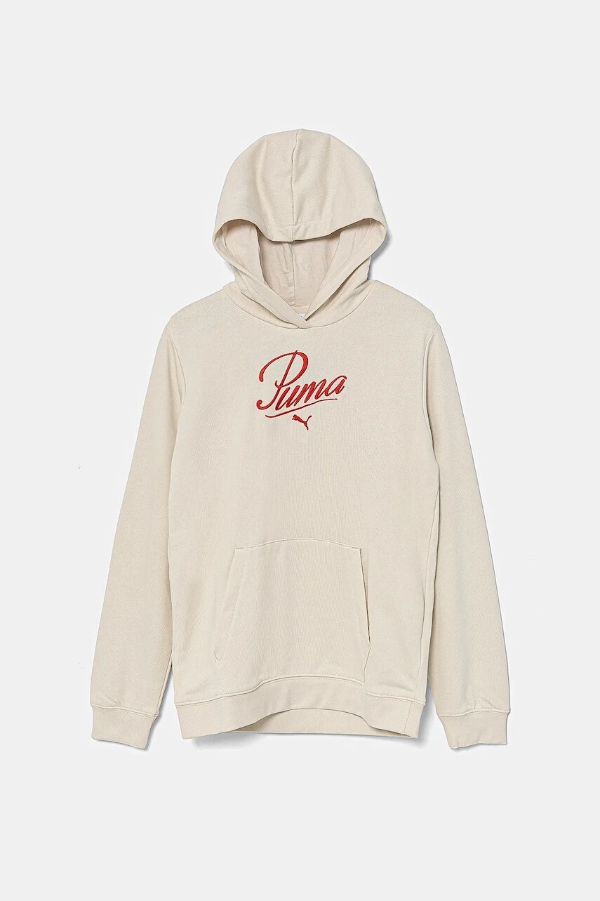 Detská mikina Puma ESS SCRIPT Hoodie TR béžová farba, s kapucňou, s nášivkou, 685806
