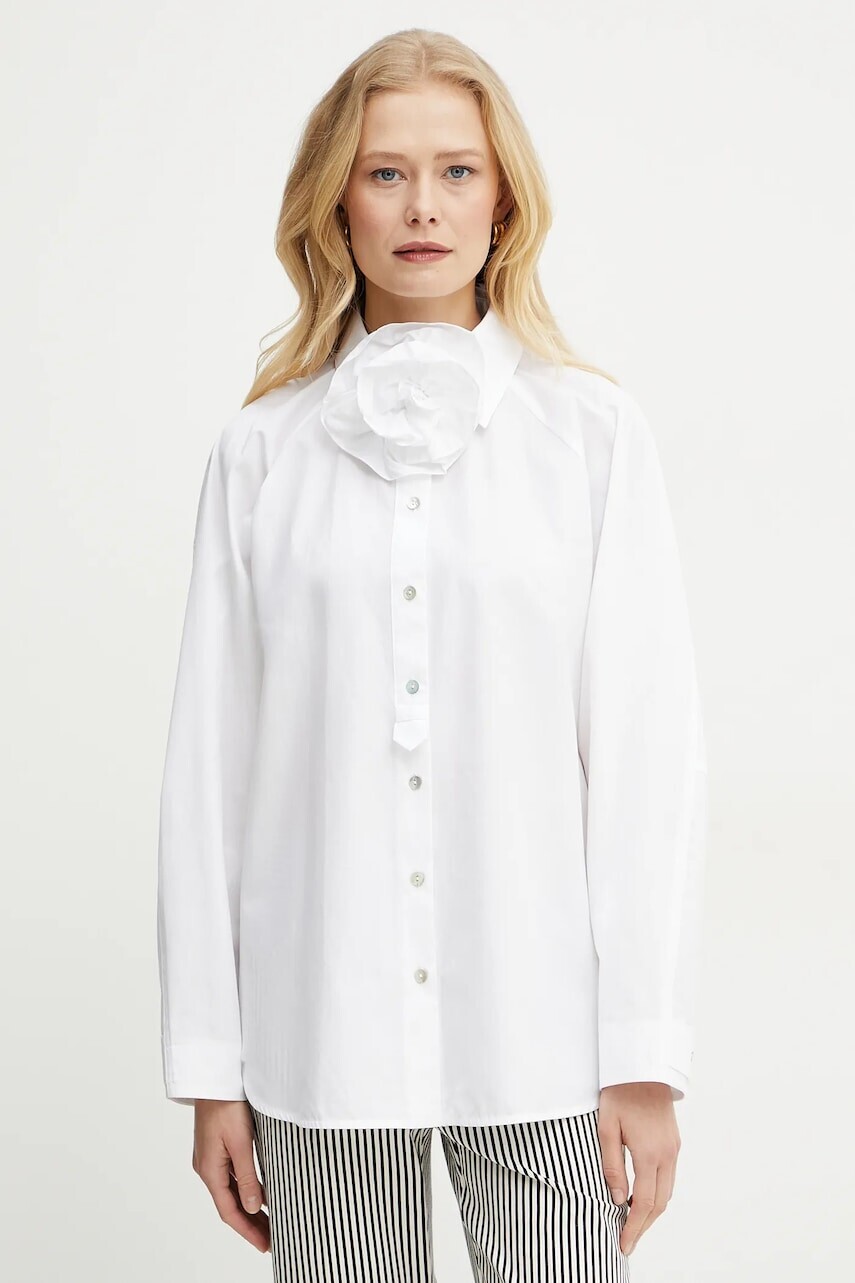 Bavlnená košeľa Marella VON dámska, biela farba, voľný strih, s klasickým golierom, 2513111014200