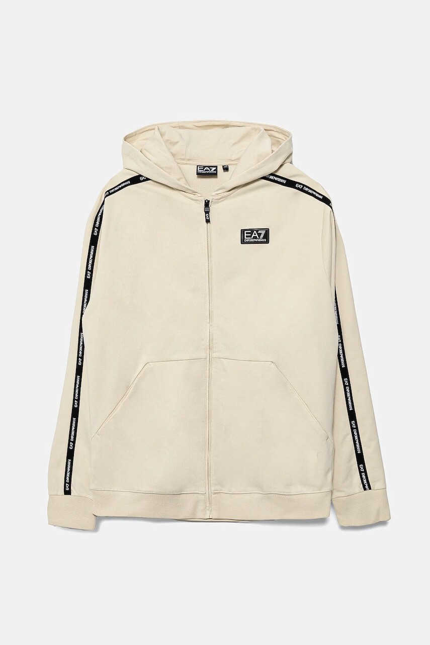 Detská bavlnená mikina EA7 Emporio Armani béžová farba, s kapucňou, s nášivkou, 7B000056 AF10380