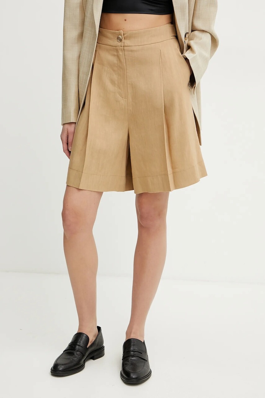 Šortky s prímesou ľanu Marella SAGITTA dámske, zelená farba, jednofarebné, vysoký pás, 2513141015200