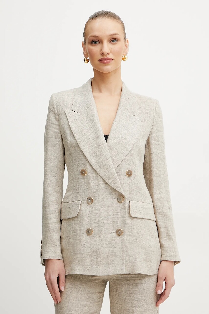 Ľanové sako Marella ALFA béžová farba, dvojradová, melanžová, 2513041042200