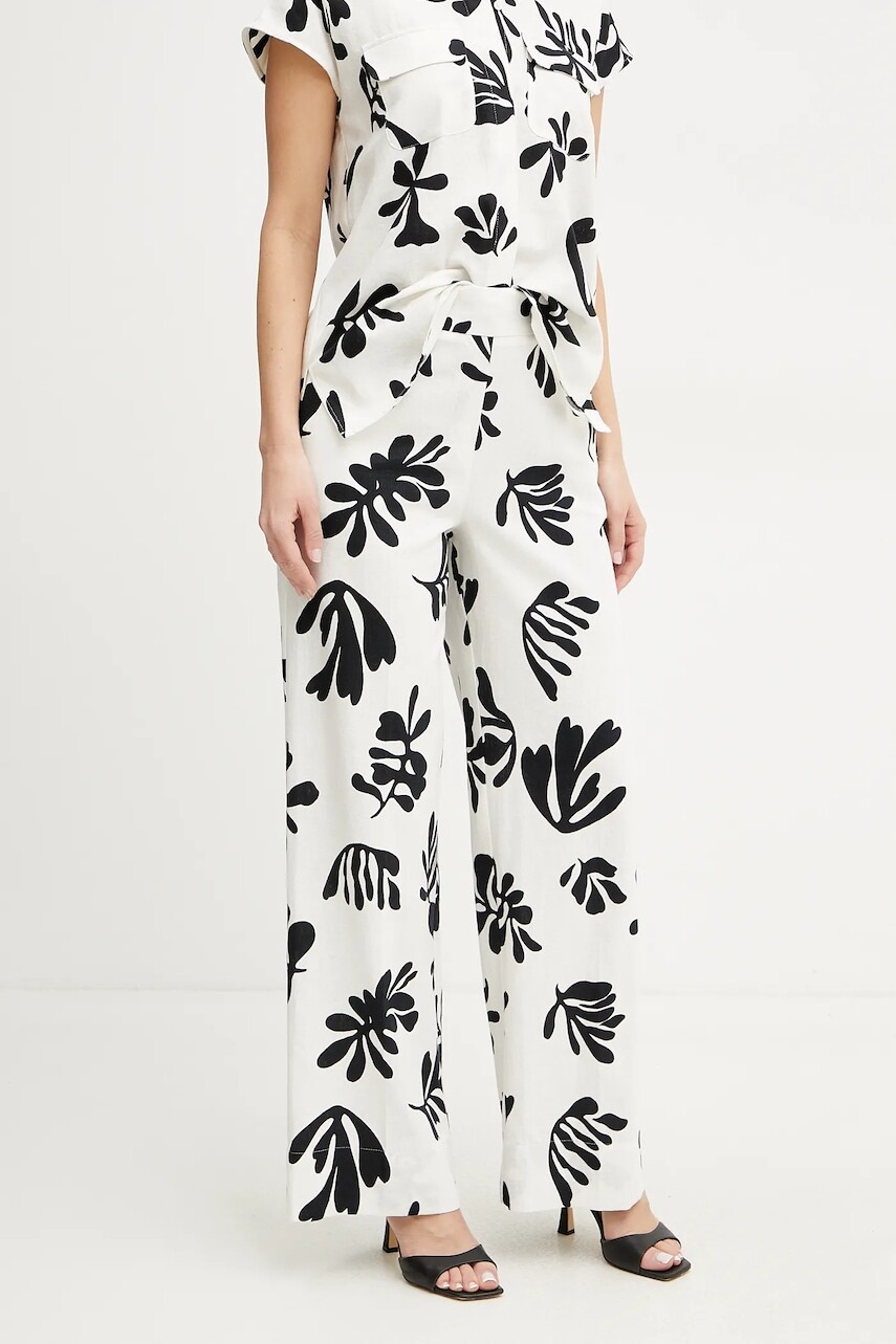 Ľanové nohavice Marella ANTIOPE dámske, biela farba, široké, vysoký pás, 2513131222200