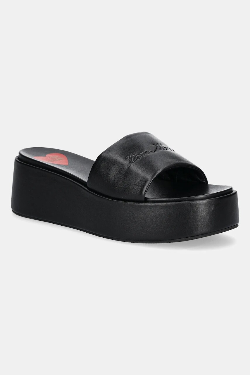 Kožené šľapky Love Moschino dámske, čierna farba, na platforme, JA28177I0MIA0000