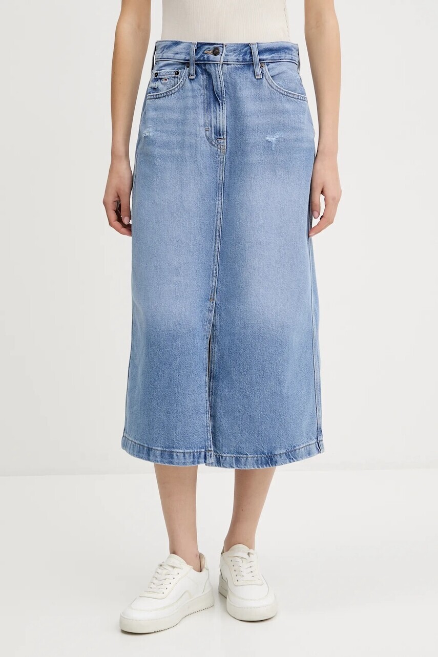 Rifľová sukňa Tommy Jeans midi, rovný strih, DW0DW21292