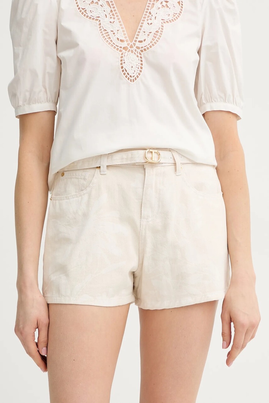 Bavlnené šortky Twinset béžová farba, vzorovaná, vysoký pás, 251TT2205