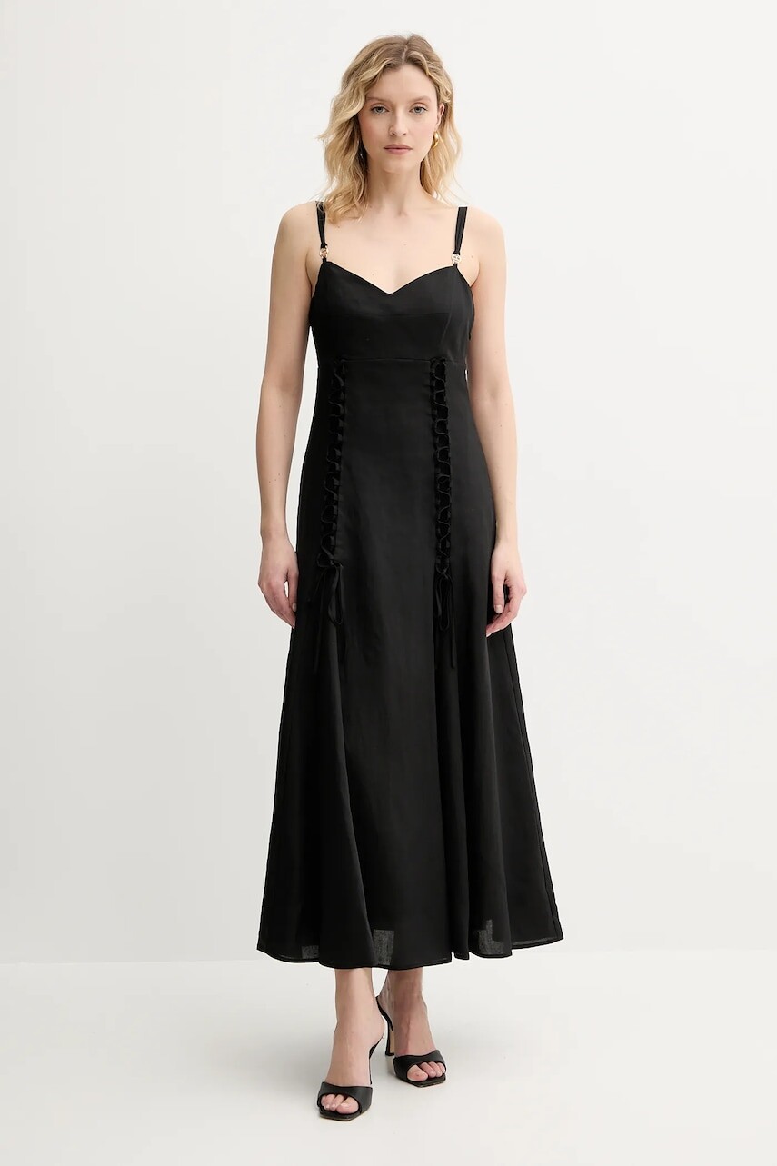 Šaty s prímesou ľanu Twinset čierna farba, maxi, áčkový strih, 251TT2070