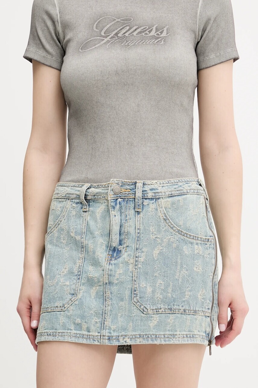 Rifľová sukňa Guess Originals mini, rovný strih, W5GD1L D5OTA
