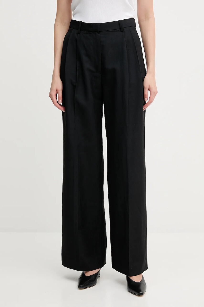 Nohavice s prímesou ľanu Tommy Hilfiger čierna farba, rovný strih, vysoký pás, WW0WW45460