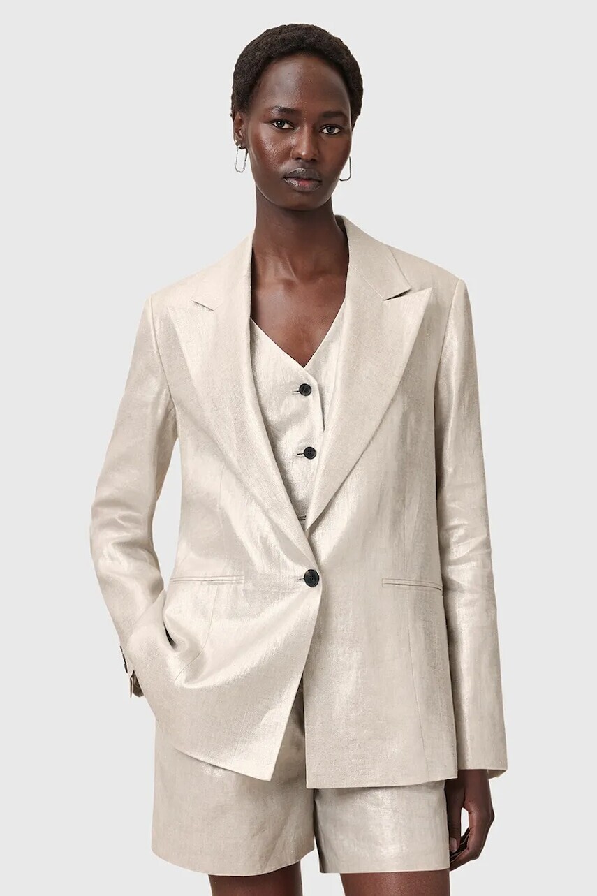 Ľanové sako AllSaints AVERIE strieborná farba, jednoradová, jednofarebná, W067QC
