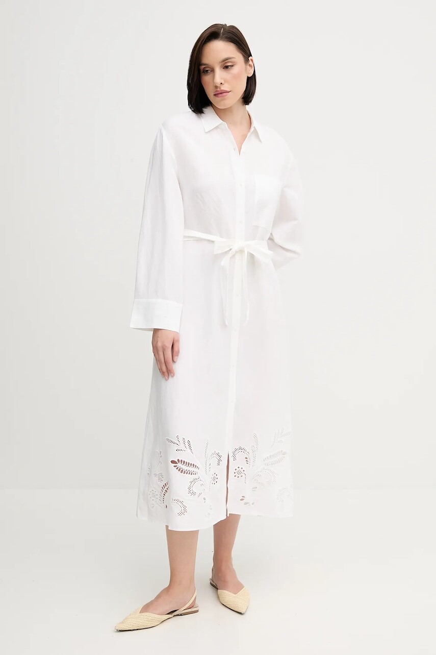 Ľanové šaty Tommy Hilfiger béžová farba, midi, rovný strih, WW0WW45939