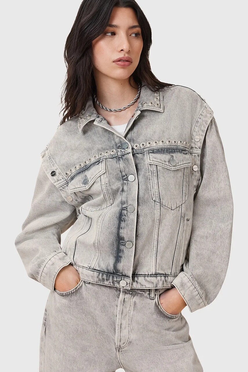 Bavlnená rifľová bunda AllSaints CHLO šedá farba, prechodná, oversize, W059OC