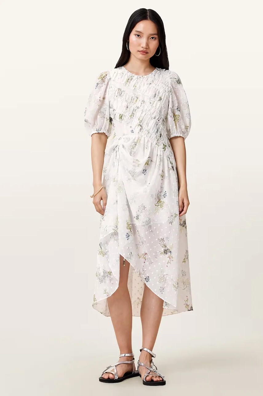 Šaty AllSaints SERENE biela farba, midi, áčkový strih, W209DC