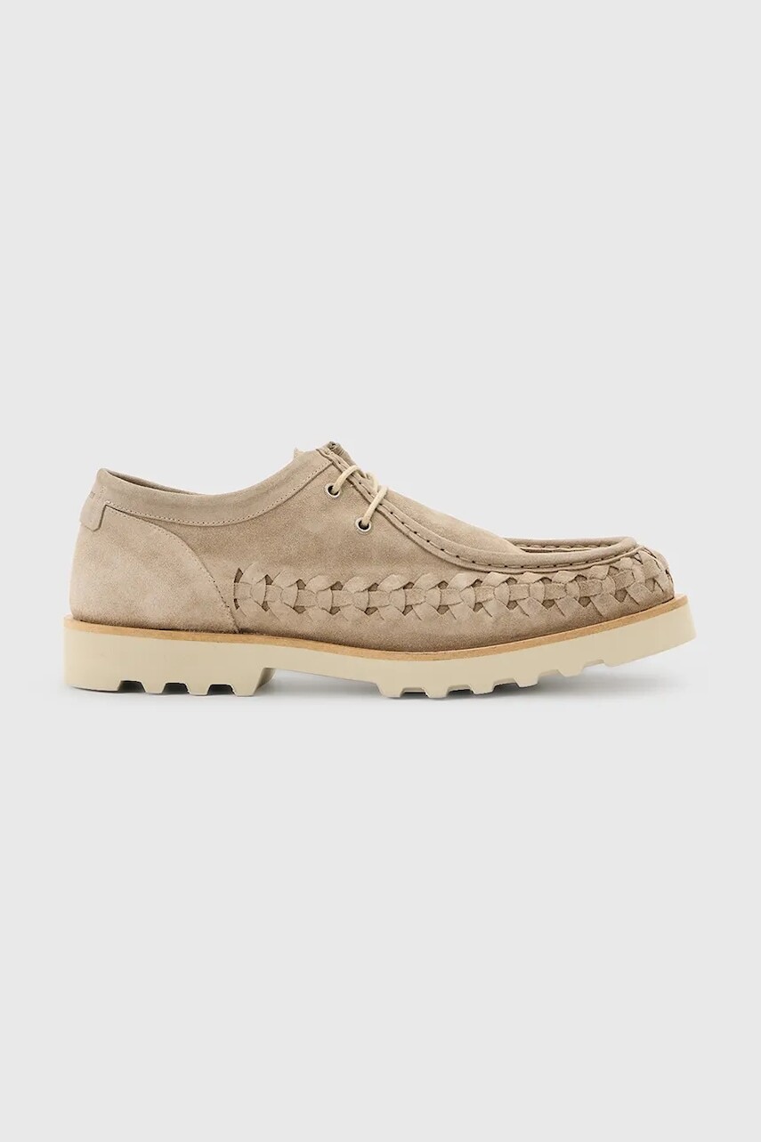 Semišové poltopánky AllSaints Skiff Woven Shoe béžová farba, M057FC