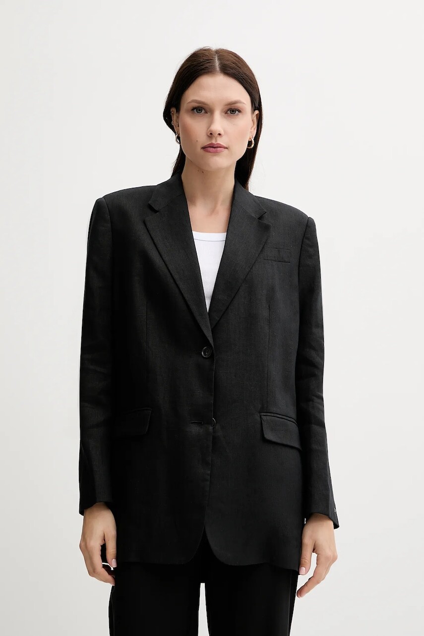 Ľanové sako Tommy Hilfiger čierna farba, oversize, jednofarebné, WW0WW47163