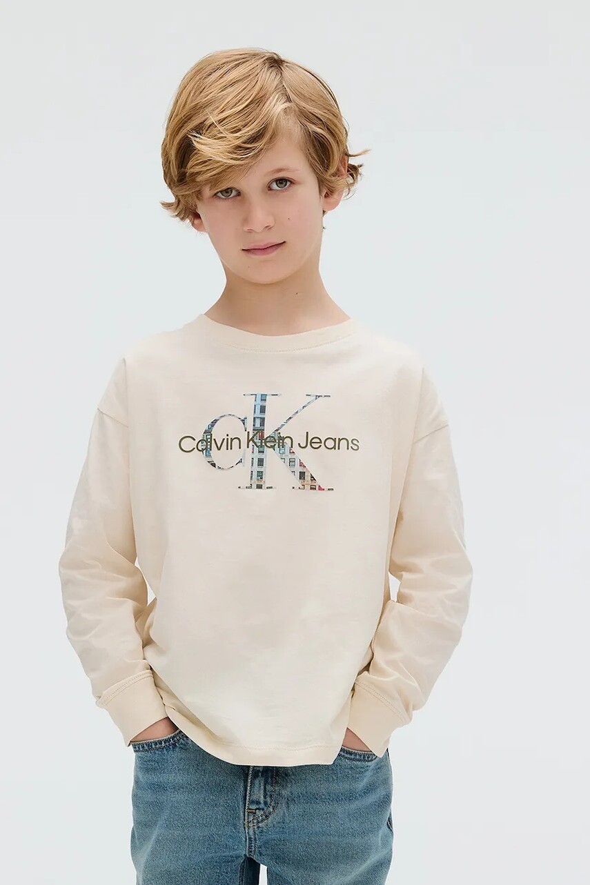 Tričko s dlhým rukávom Calvin Klein Jeans béžová farba, jednofarebné, IB0IB02531