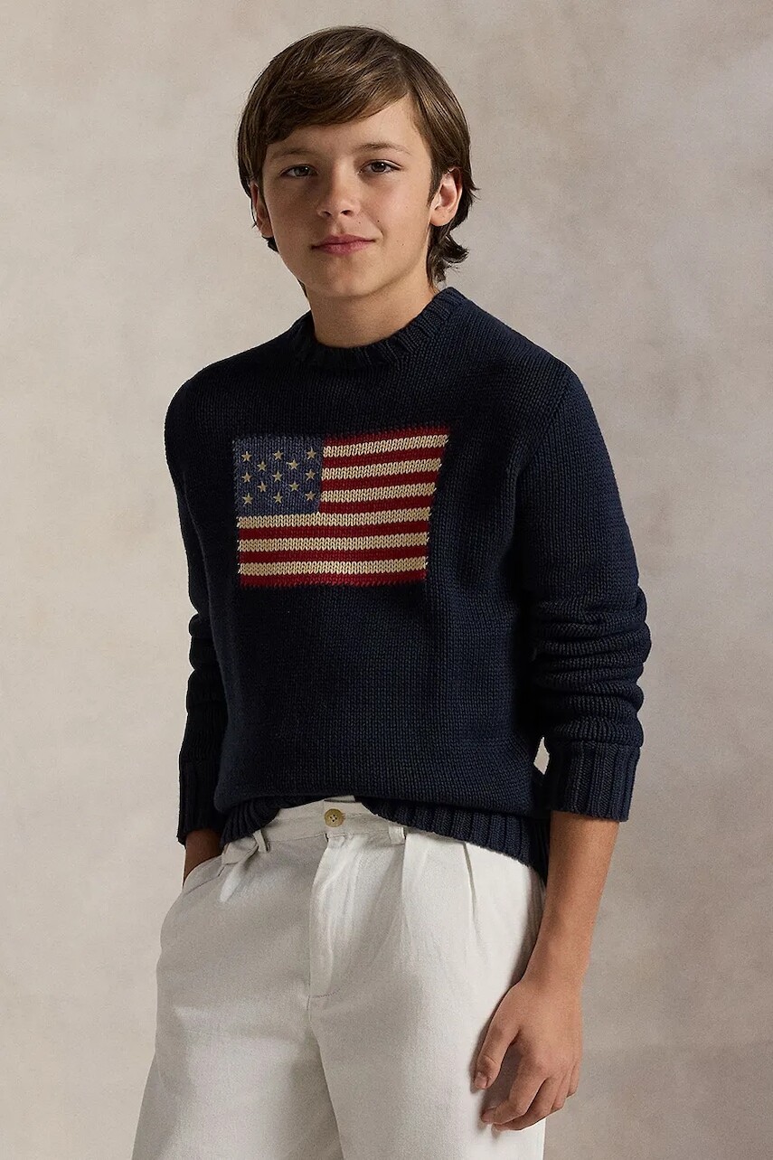 Detský bavlnený sveter Polo Ralph Lauren tmavomodrá farba, 323668285001
