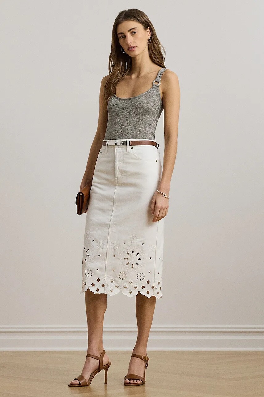 Rifľová sukňa Lauren Ralph Lauren biela farba, midi, rovný strih, 200978819