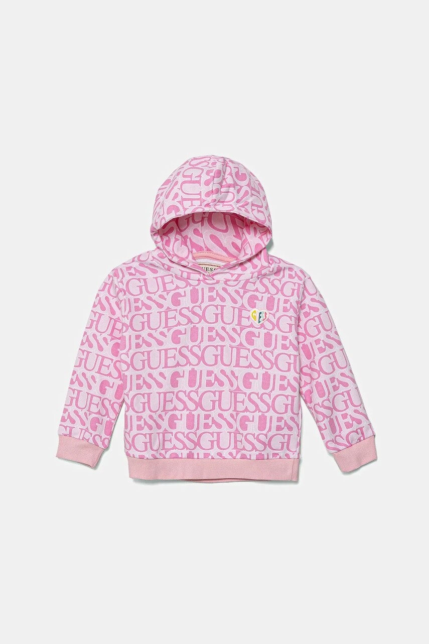Detská bavlnená mikina Guess ružová farba, s kapucňou, vzorovaná, K5YQ03 KAD74