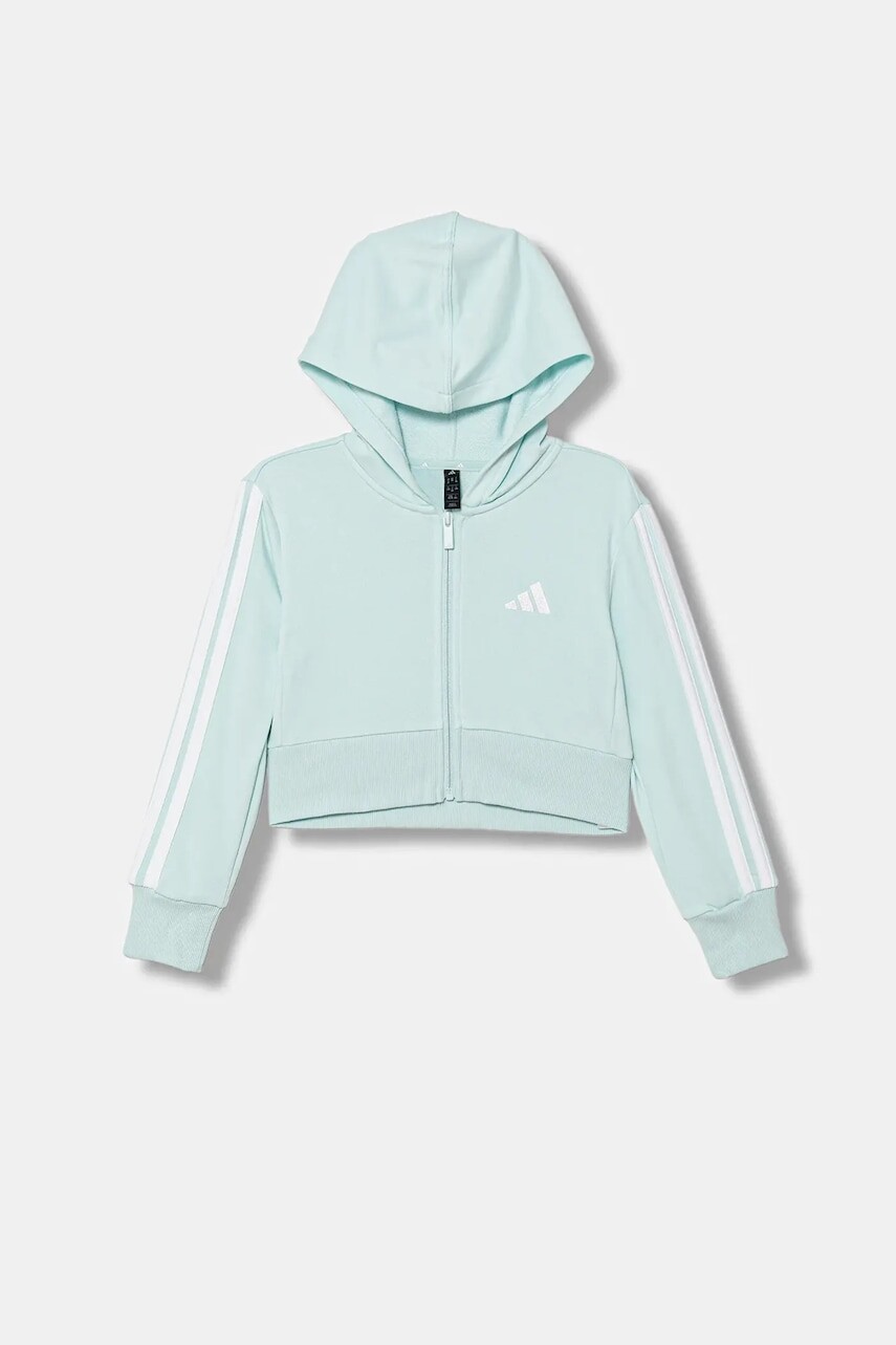 Detská mikina adidas tyrkysová farba, s kapucňou, s nášivkou, JY4984