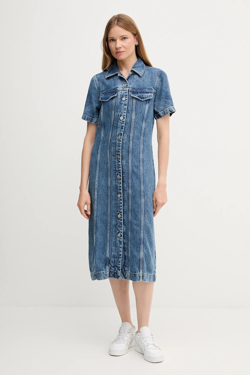 Rifľové šaty Tommy Hilfiger modrá farba, midi, rovný strih, WW0WW46638