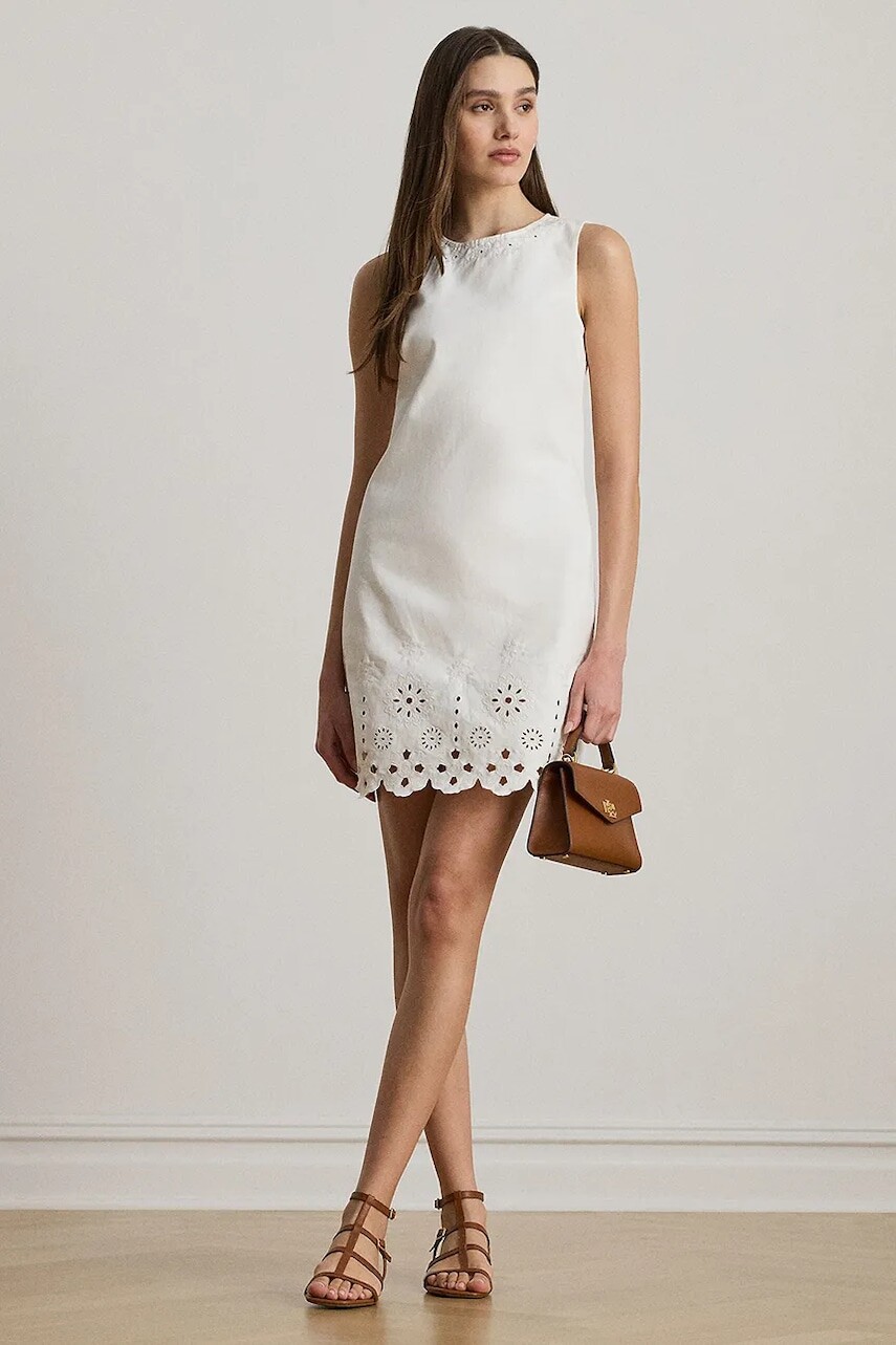 Bavlnené šaty Lauren Ralph Lauren biela farba, mini, rovný strih, 200978820