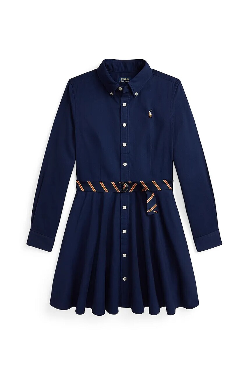 Dievčenské bavlnené šaty Polo Ralph Lauren tmavomodrá farba, mini, áčkový strih, 313950629001
