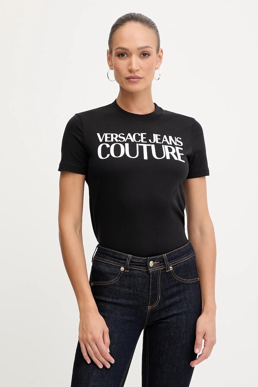Bavlnené tričko Versace Jeans Couture dámske, čierna farba, 79HAHE05 CJ00E