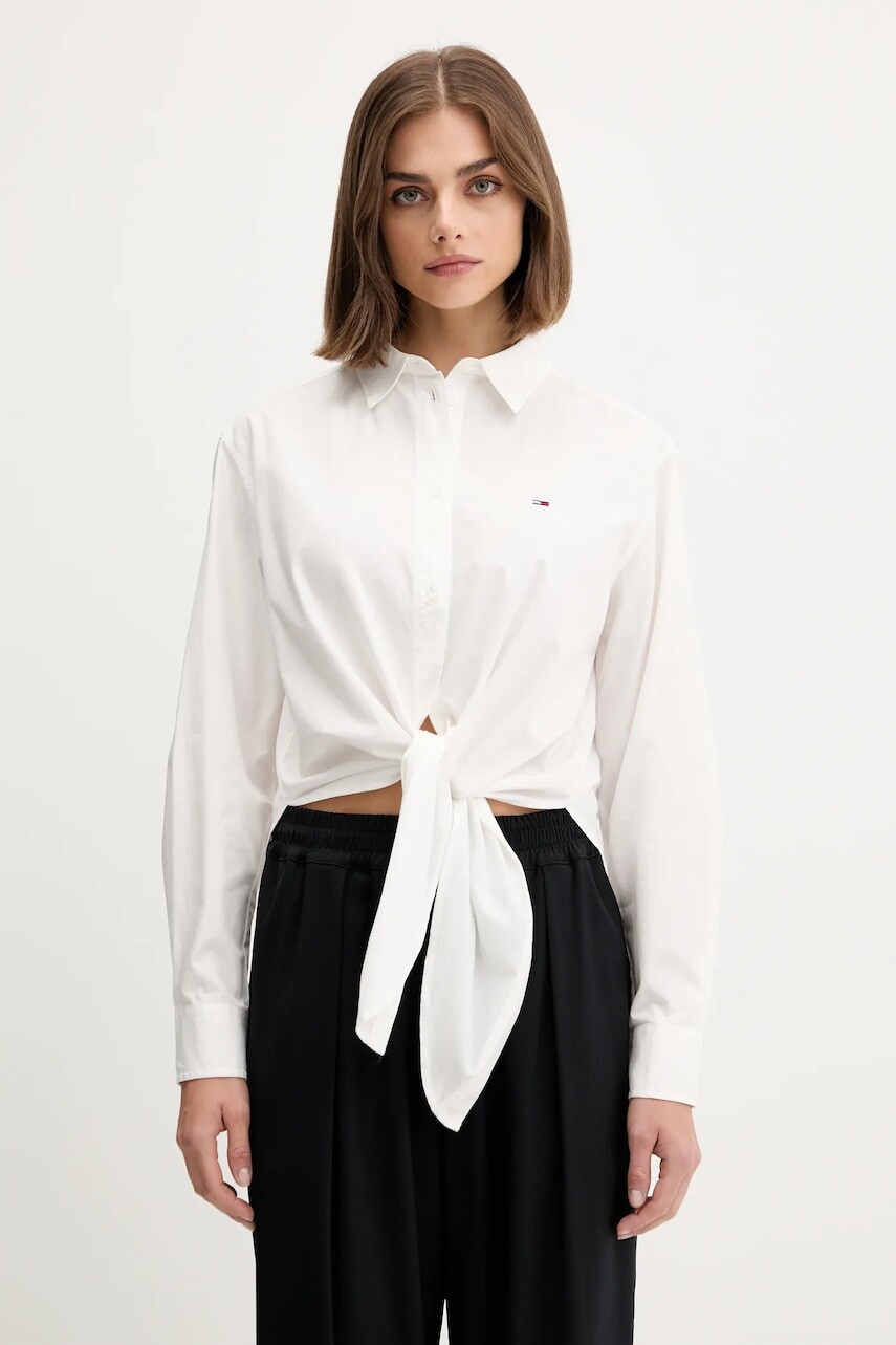 Bavlnená košeľa Tommy Jeans biela farba, voľný strih, s klasickým golierom, DW0DW20990