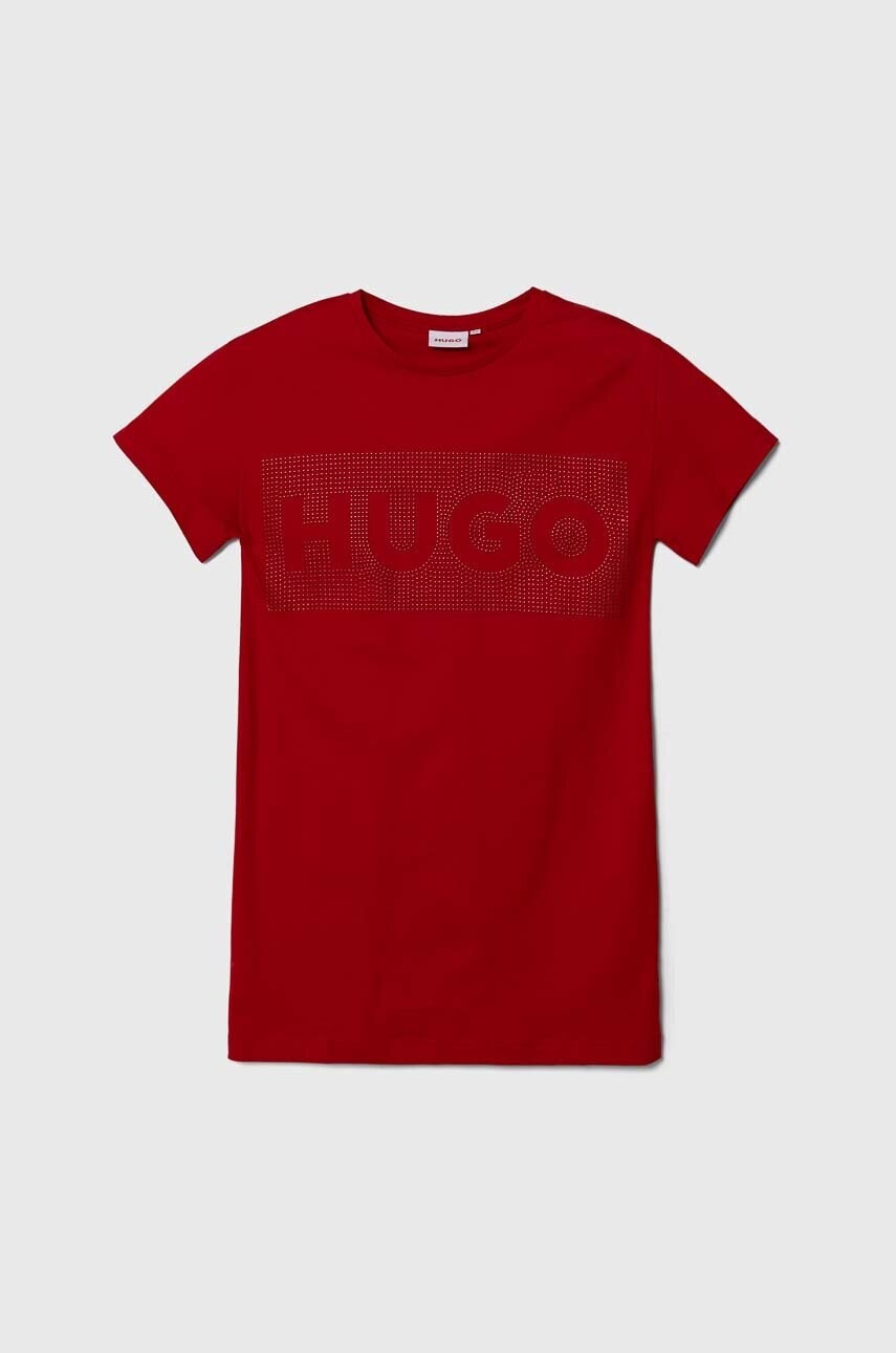 Dievčenské bavlnené šaty HUGO červená farba, mini, rovný strih