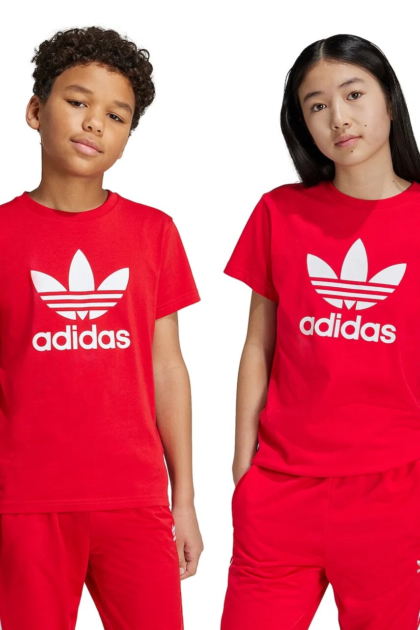 Detské bavlnené tričko adidas Originals TREFOIL TEE červená farba, s potlačou, IY7423