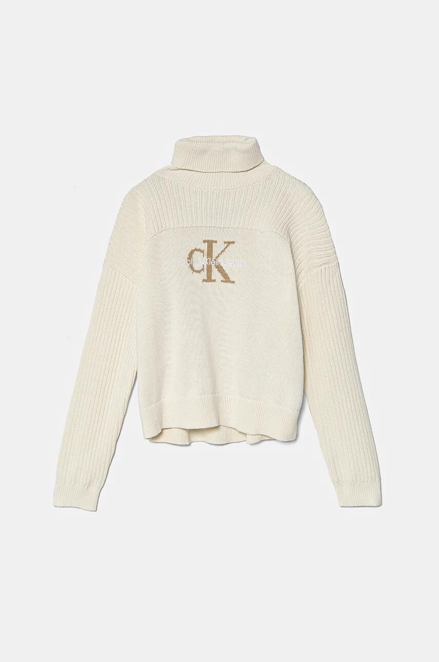 Detský bavlnený sveter Calvin Klein Jeans béžová farba, IG0IG02655