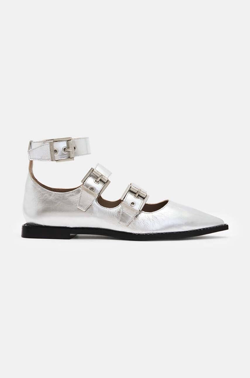 Kožené balerínky AllSaints Susan Buckle Shoe strieborná farba, W123FB