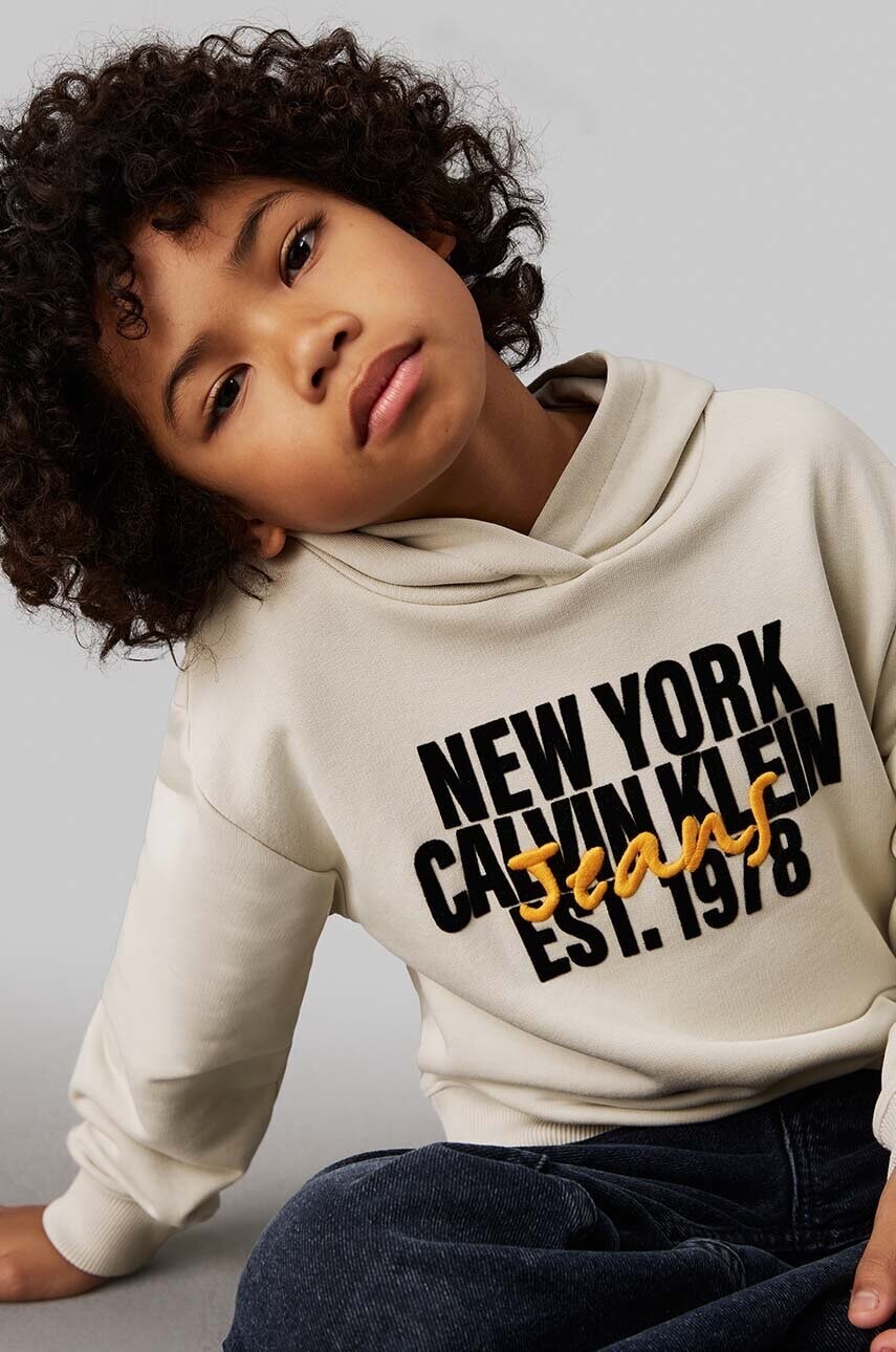 Detská mikina Calvin Klein Jeans béžová farba, s kapucňou, s potlačou, IB0IB02334