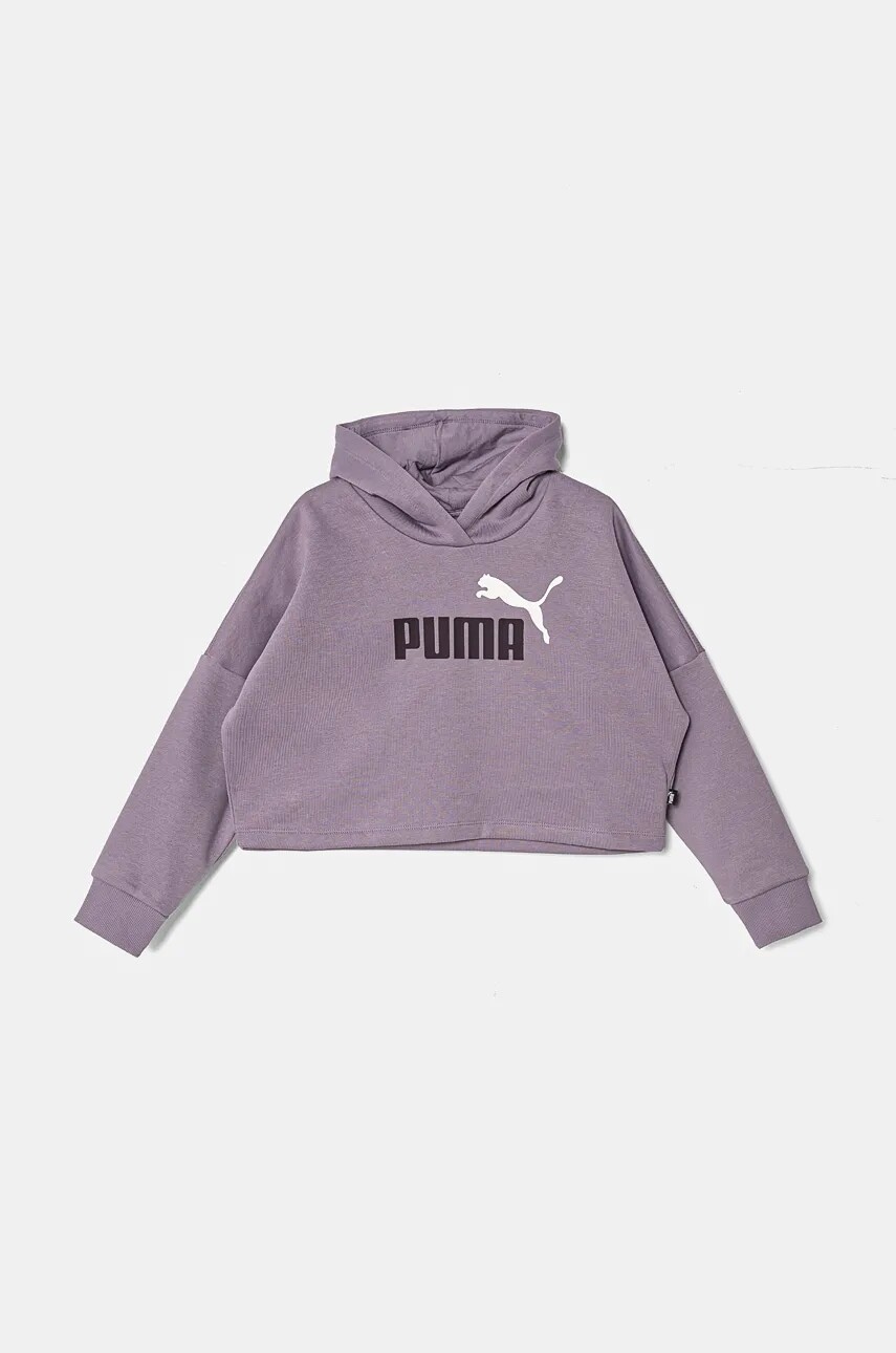 Detská mikina Puma ESS Logo Cropped Hoodie fialová farba, s kapucňou, s potlačou, 671134