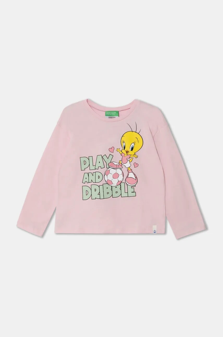 Detská bavlnená košeľa s dlhým rukávom United Colors of Benetton x Looney Tunes ružová farba, 3ATNG10HG