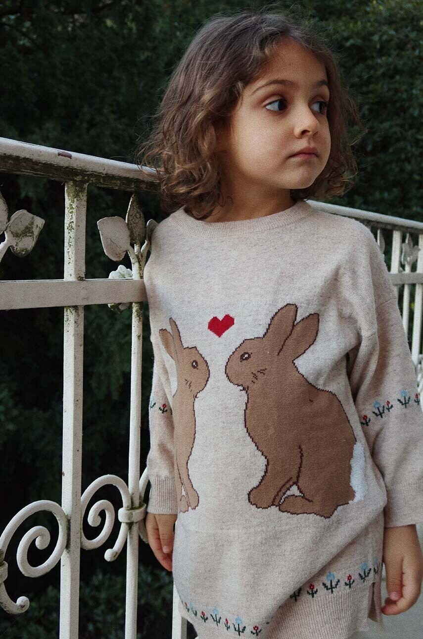 Dievčenské šaty s prímesou vlny Konges Sløjd ELI KNIT DRESS béžová farba, mini, rovný strih, KS101494