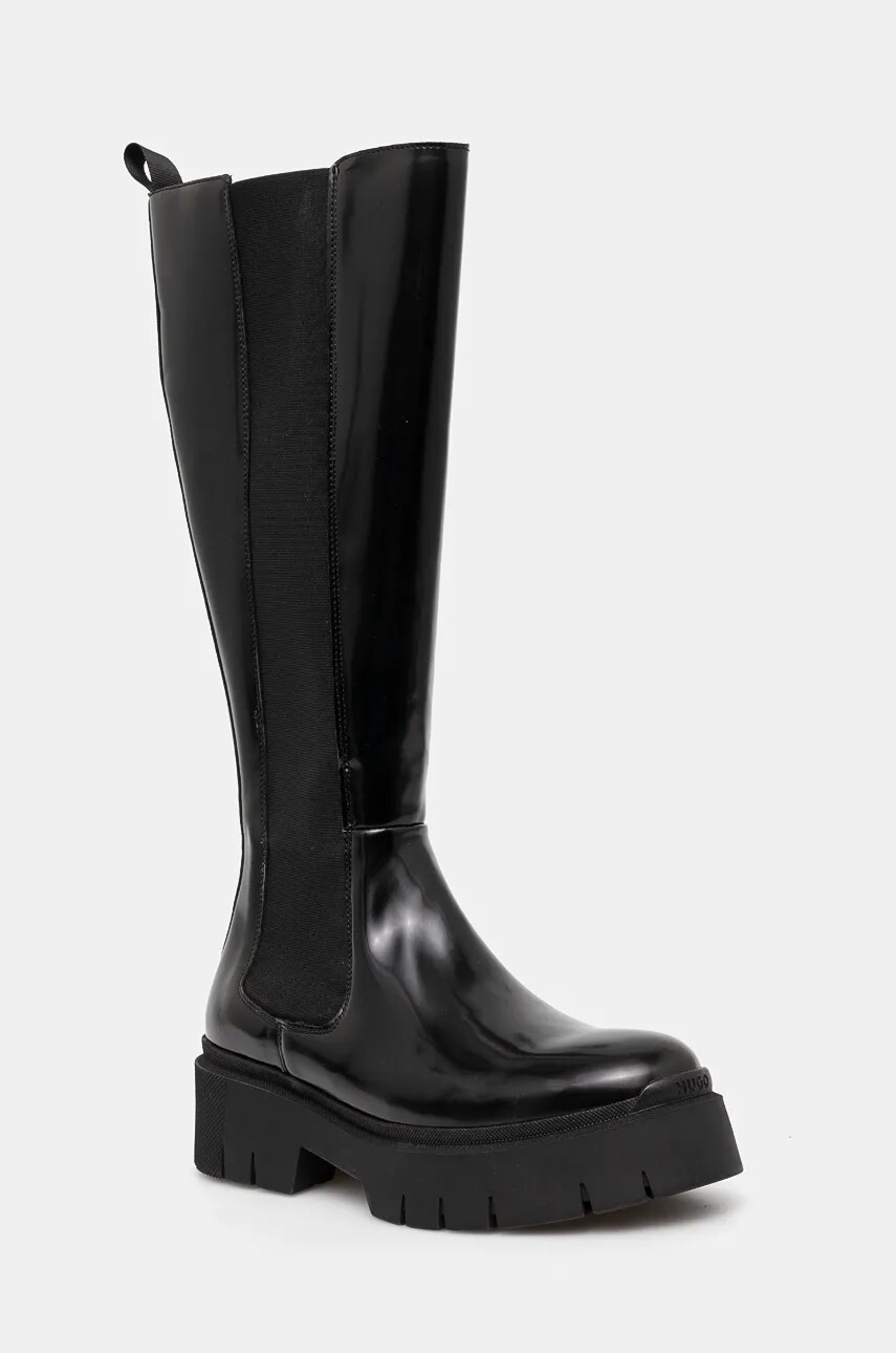 Vysoké čižmy HUGO Kris dámske, čierna farba, na platforme, 50529861