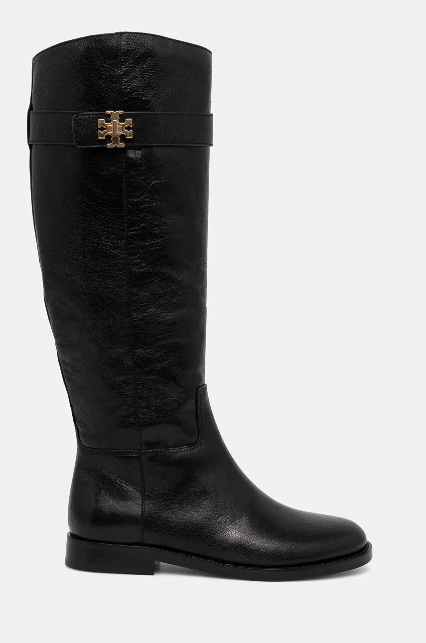 Vysoké čižmy Tory Burch T Lock Riding Boot dámske, čierna farba, na plochom podpätku, 158799-006